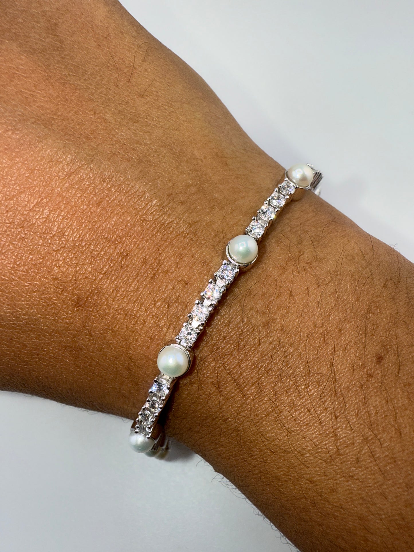 Sterling Silver, Pearl and Zirconia Tennis Bracelet
