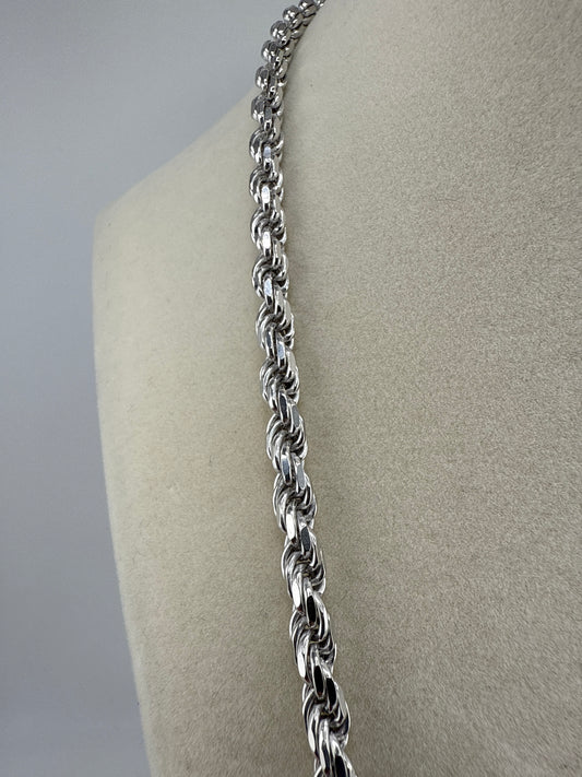 Sterling Silver 22inch Solid Diamond-Cut 5mm Rope Chain - Rhodium Plated