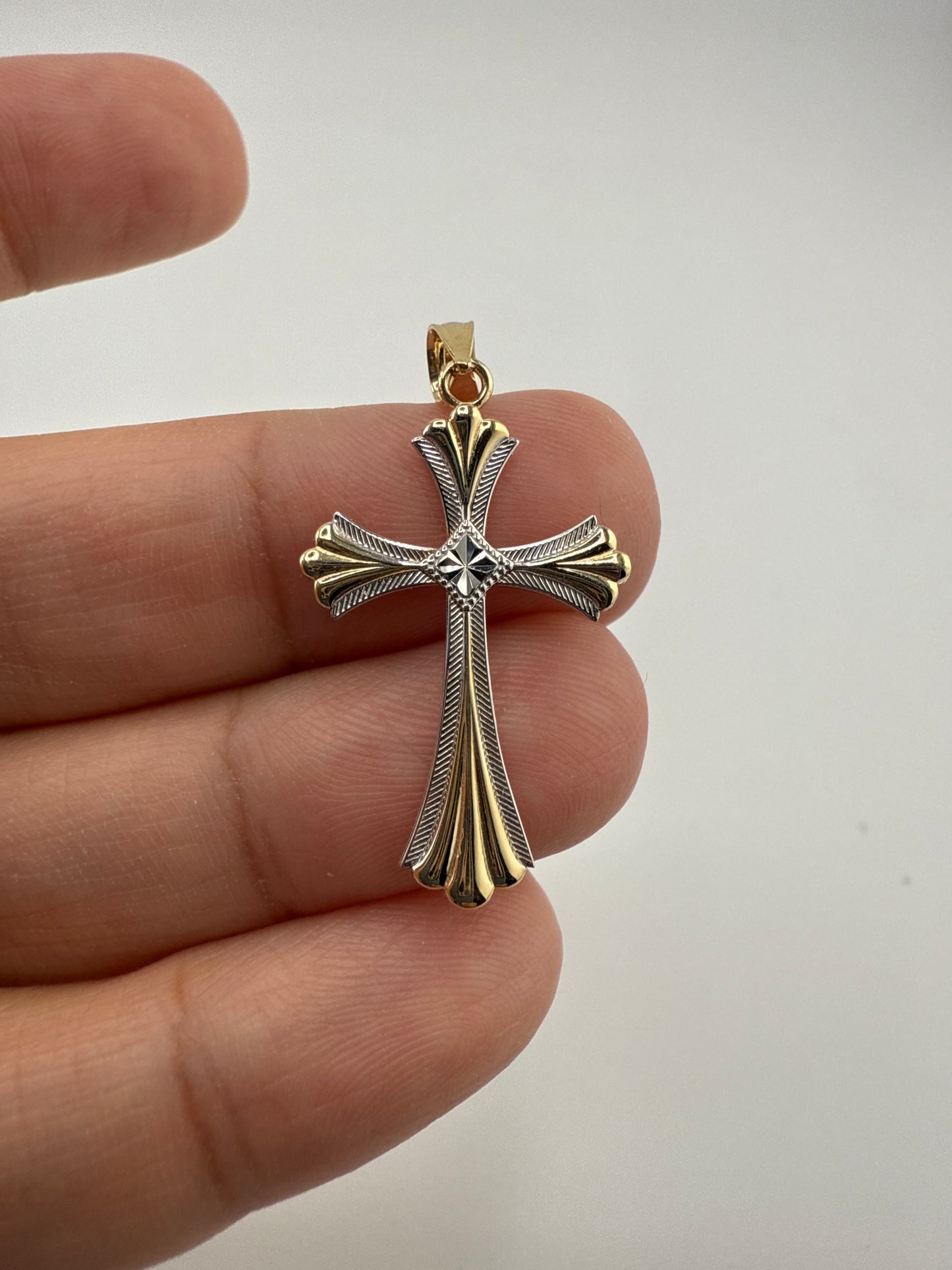 14k Gold Diamond-Cut Rhodium Budded Cross Pendant