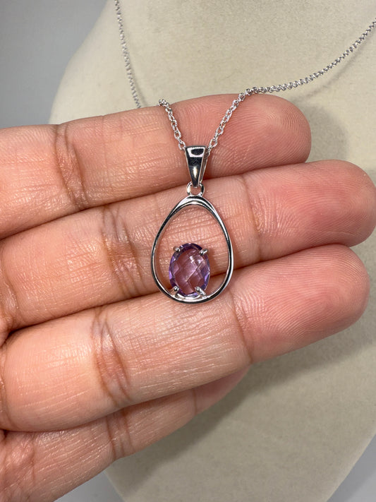 Sterling Silver Pear-Shaped, Four-Prong Gem Necklace, Amethyst