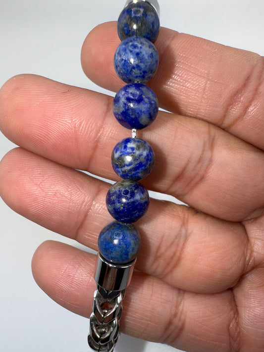 Stainless Steel 8mm Genuine Bead & Chain Bracelet - Lapis