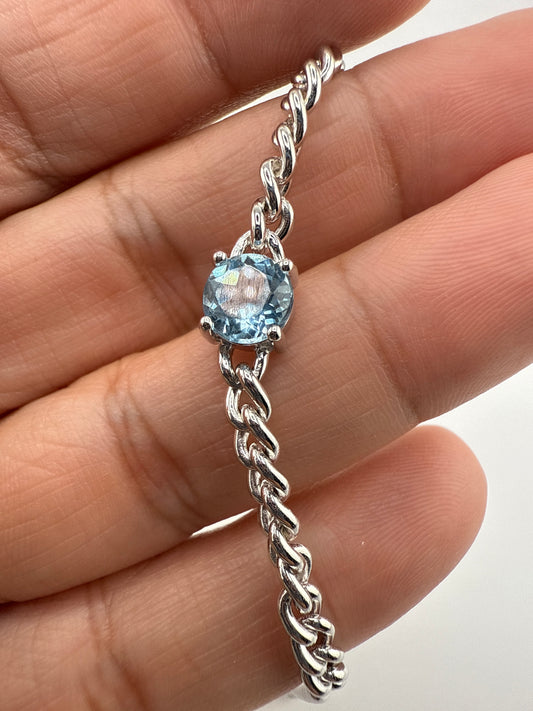 Sterling Silver Round Center Blue Topaz Chain Bracelet