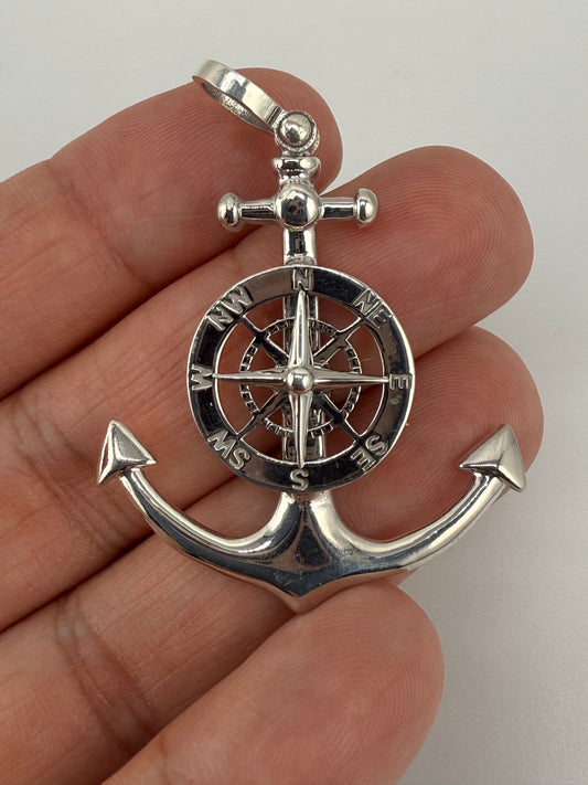 Sterling Silver Rhodium-Plated Polished 3D Anchor with Compass