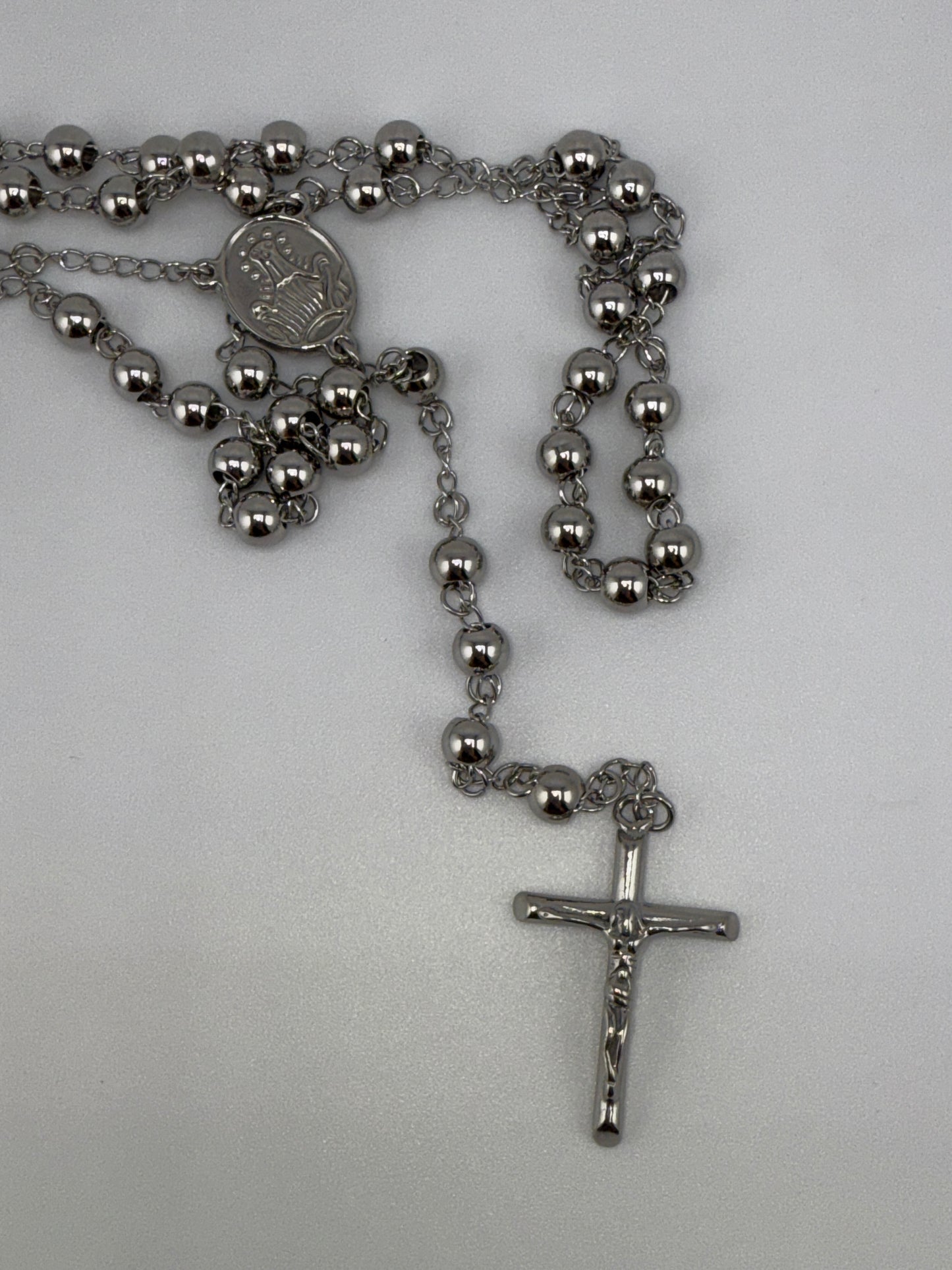 Stainless Steel Polished 6mm Beaded Rosary 29.5 inch Necklace