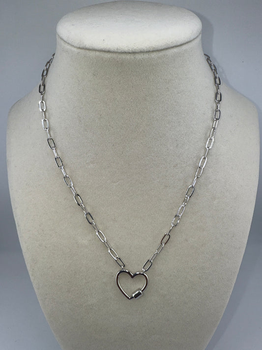 Sterling Silver, Heart Carabiner Paperclip Necklace