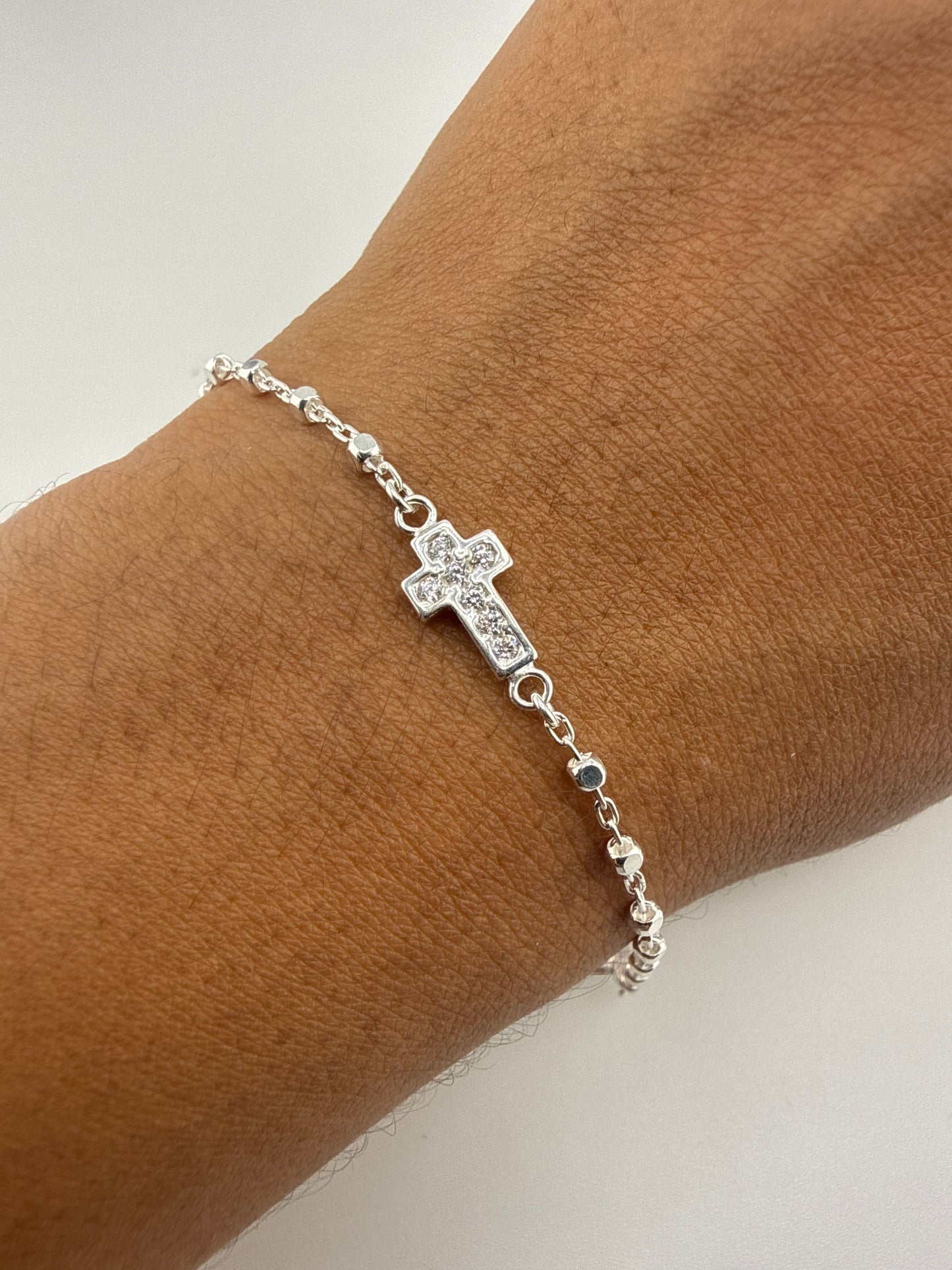 Sterling Silver Polished with Zirconia Cross Necklace