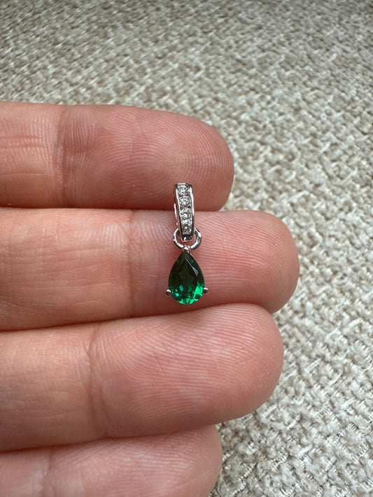 14k White Gold Pear Created Emerald and Diamond Pendant