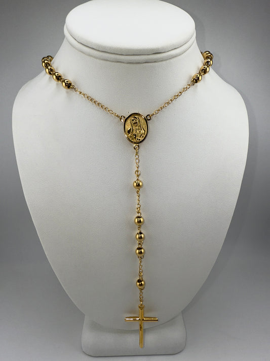 Stainless Steel Polished Yellow IP-Plated Beaded Rosary Necklace and Pendant
