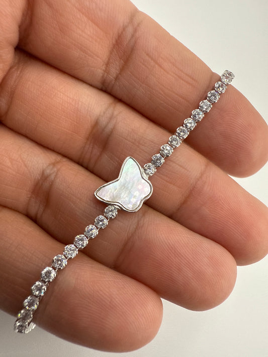 Sterling Silver Butterfly MOP Center, Zirconia Adjustable Bolo Bracelet