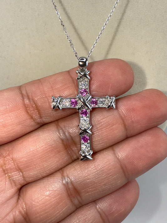 Sterling Silver Zirconia and Pink Topaz Cross Necklace