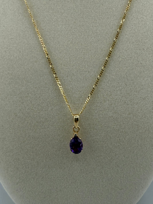 14k yellow gold figaro & Cuban link combination chain with purple gemstone pendant