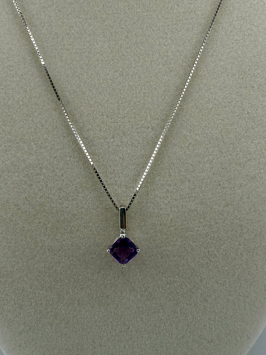 14k white gold box chain with purple gemstone pendant