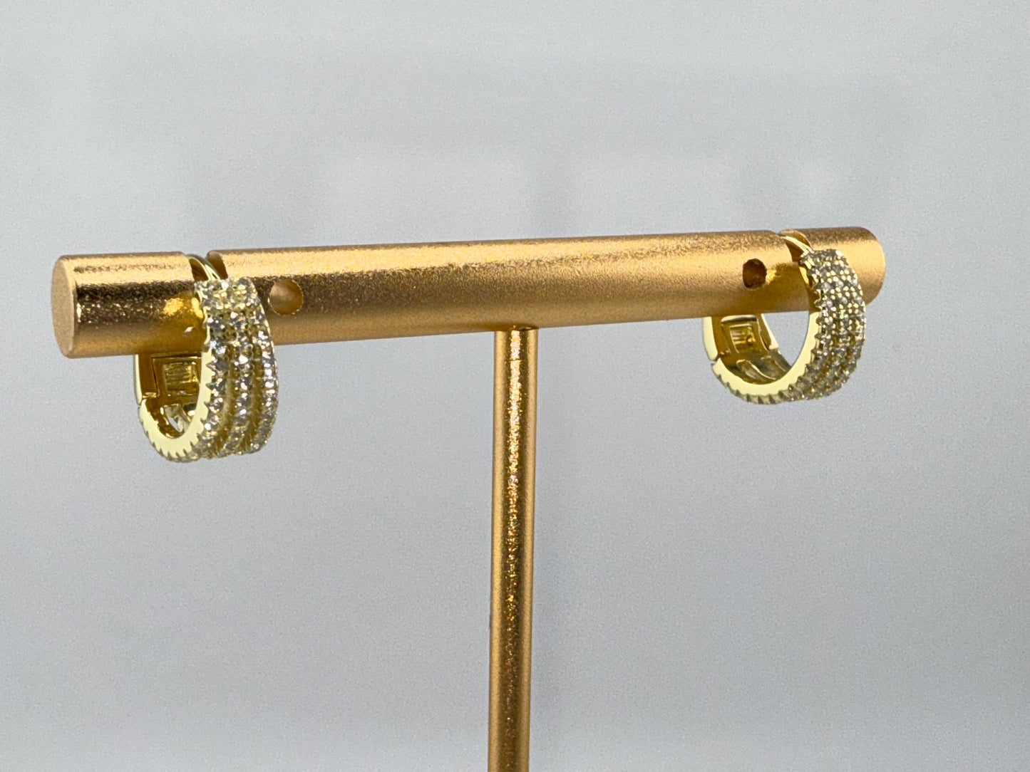 Sterling Silver Triple Row Zirconia Small Hoop Earrings - Gold Plated