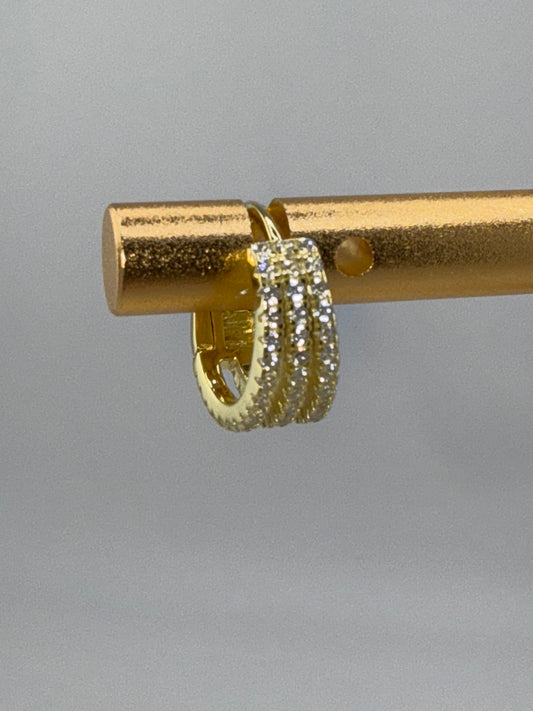 Sterling Silver Triple Row Zirconia Small Hoop Earrings - Gold Plated