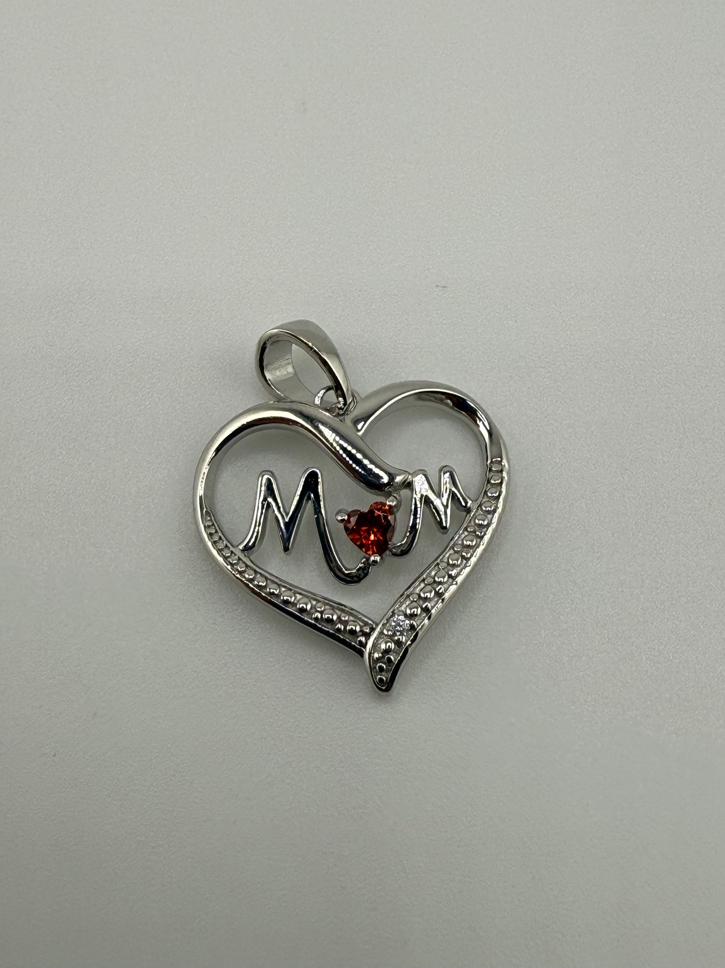 “Mom” Heart Sterling Silver Pendant with Gemstone