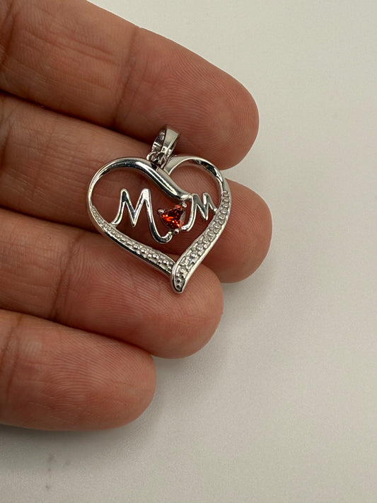 “Mom” Heart Sterling Silver Pendant with Gemstone