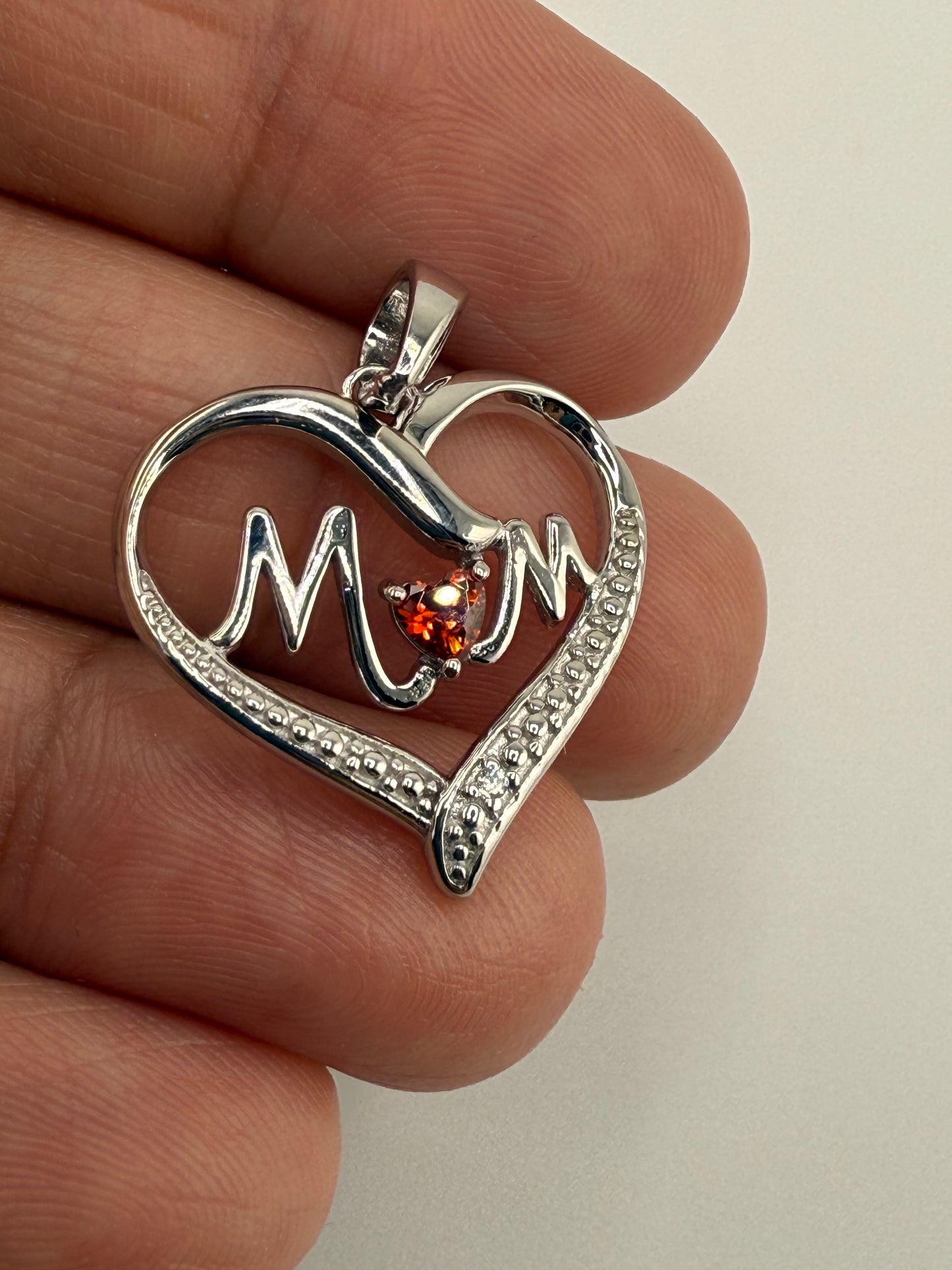 “Mom” Heart Sterling Silver Pendant with Gemstone