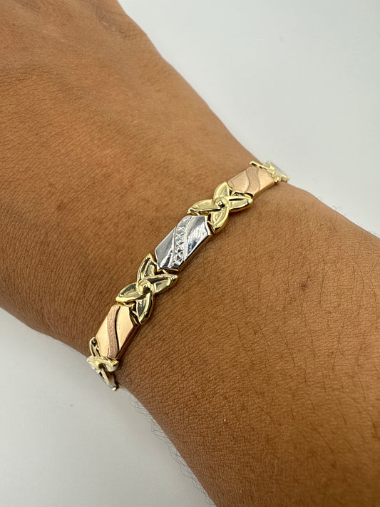 14k gold tri-color XO bracelet | yellow gold, rose gold, white gold | 7.25 inches