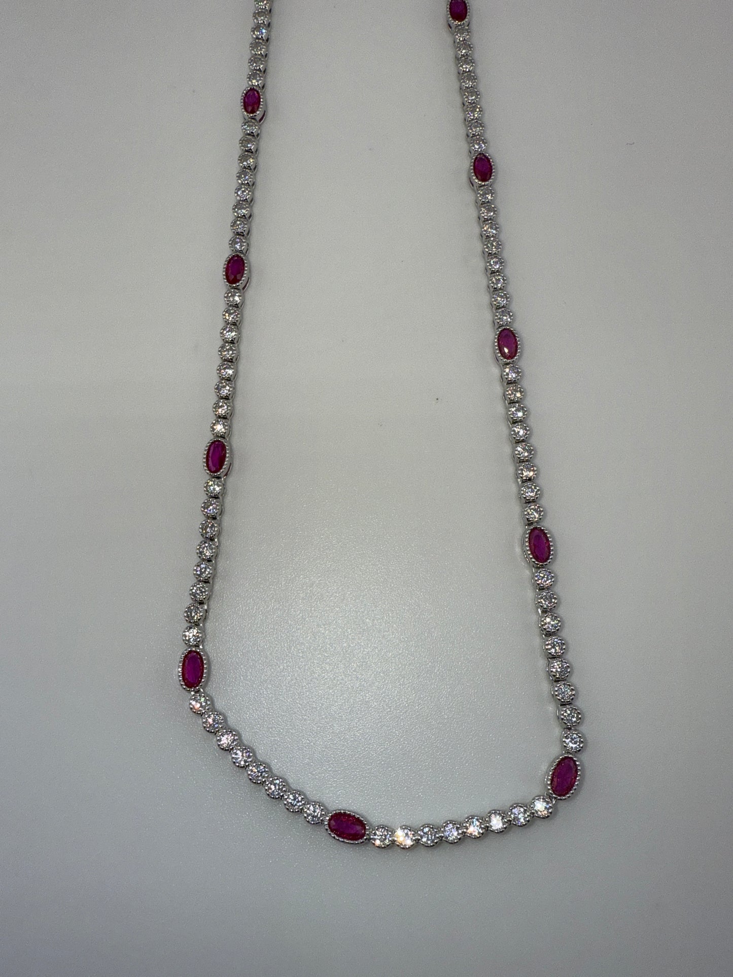 Sterling Silver Beaded Outline Oval & Round Zirconia Tennis Necklace - Ruby