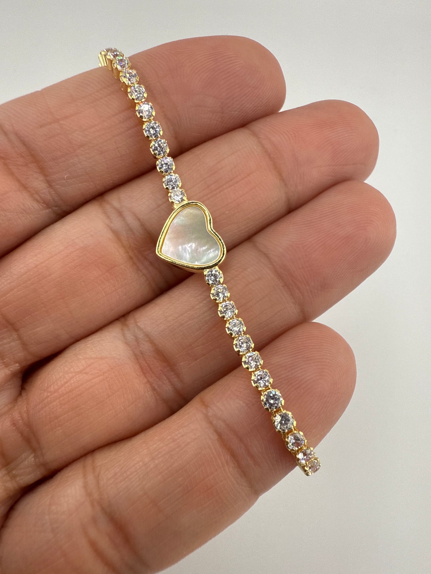 Sterling Silver Heart MOP Center Zirconia Adjustable Bolo Bracelet - Gold Plated