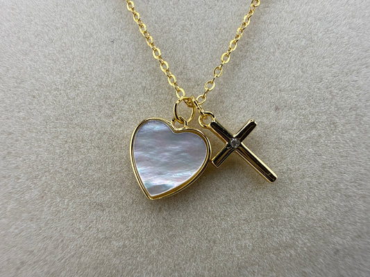 Sterling Silver Gold-plated MOP Zirconia Heart and Cross 14inches long