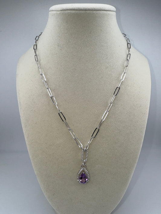 Sterling Silver Pearshaped 7x9 Amethyst & White Topaz Paperclip Necklace