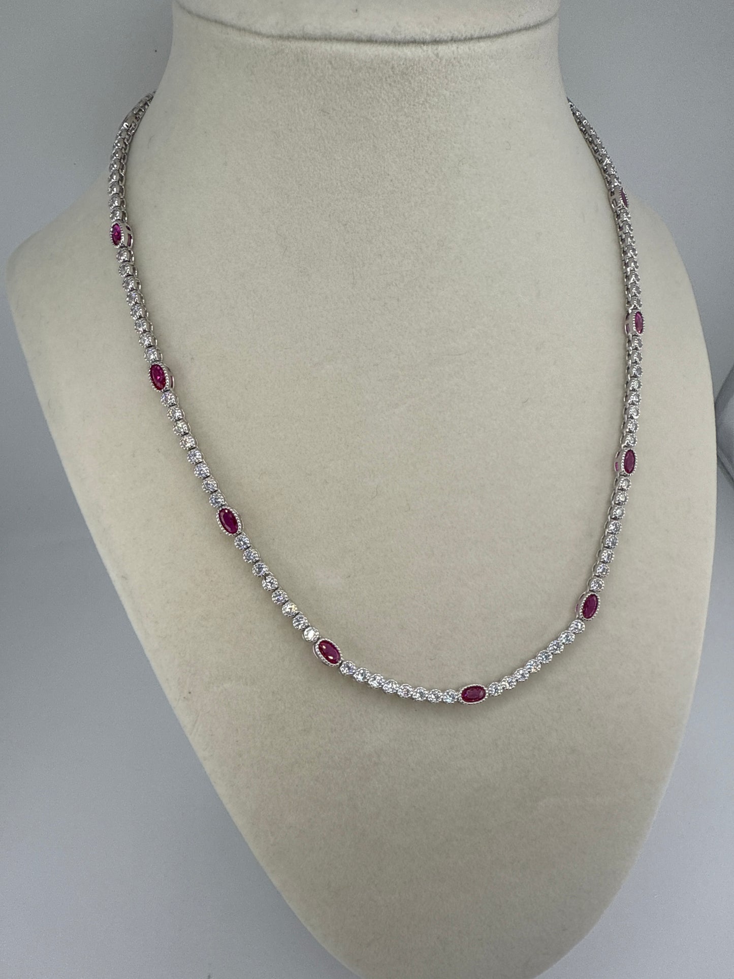 Sterling Silver Beaded Outline Oval & Round Zirconia Tennis Necklace - Ruby