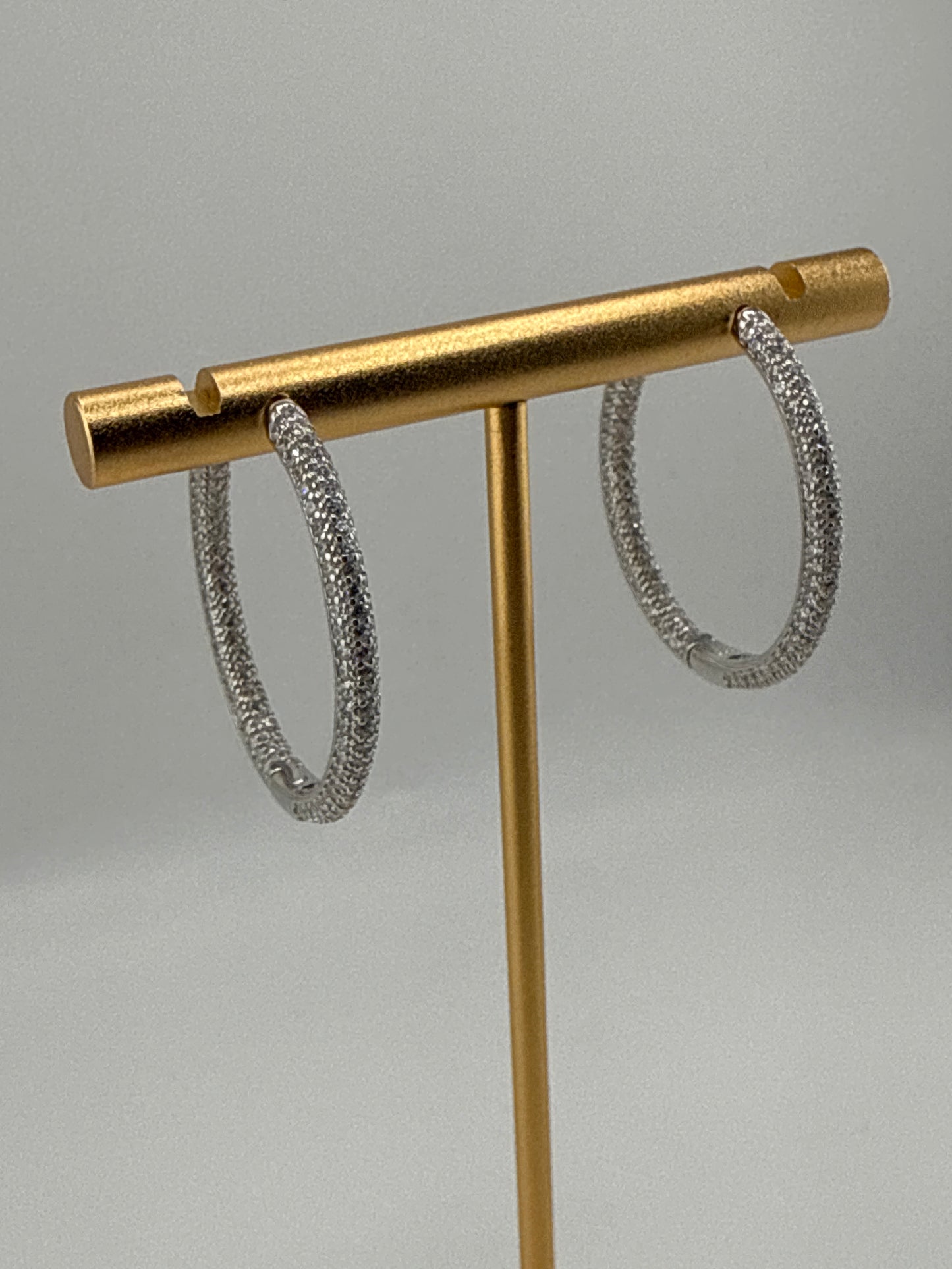 Sterling Silver 3x30mm Inside-Outside Micro Pave Zirconia Hoop Earrings