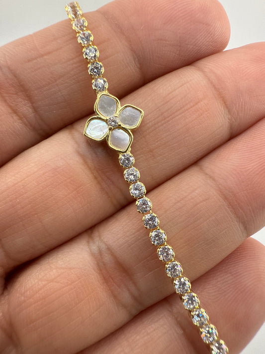 Sterling Silver Flower MOP Center, Zirconia Adjustable Bolo Bracelet - Gold Plated