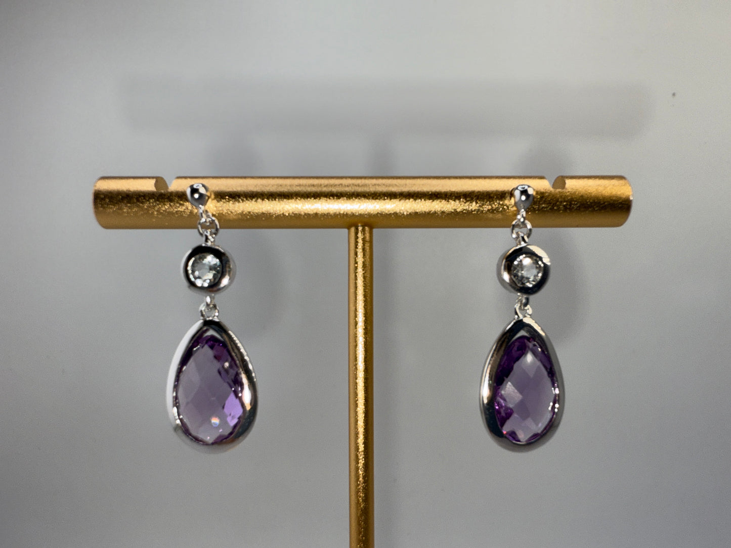 Sterling Silver White Topaz and Gem Teardrop Earrings - Amethyst