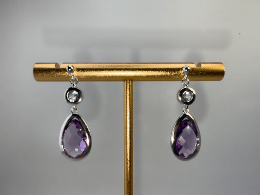 Sterling Silver White Topaz and Gem Teardrop Earrings - Amethyst
