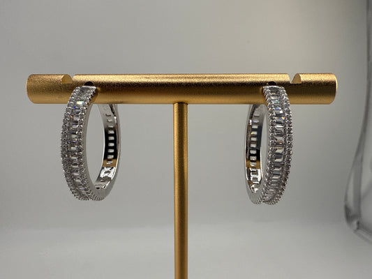 Sterling Silver Baguette Zirconia 25mm Hoop Earrings