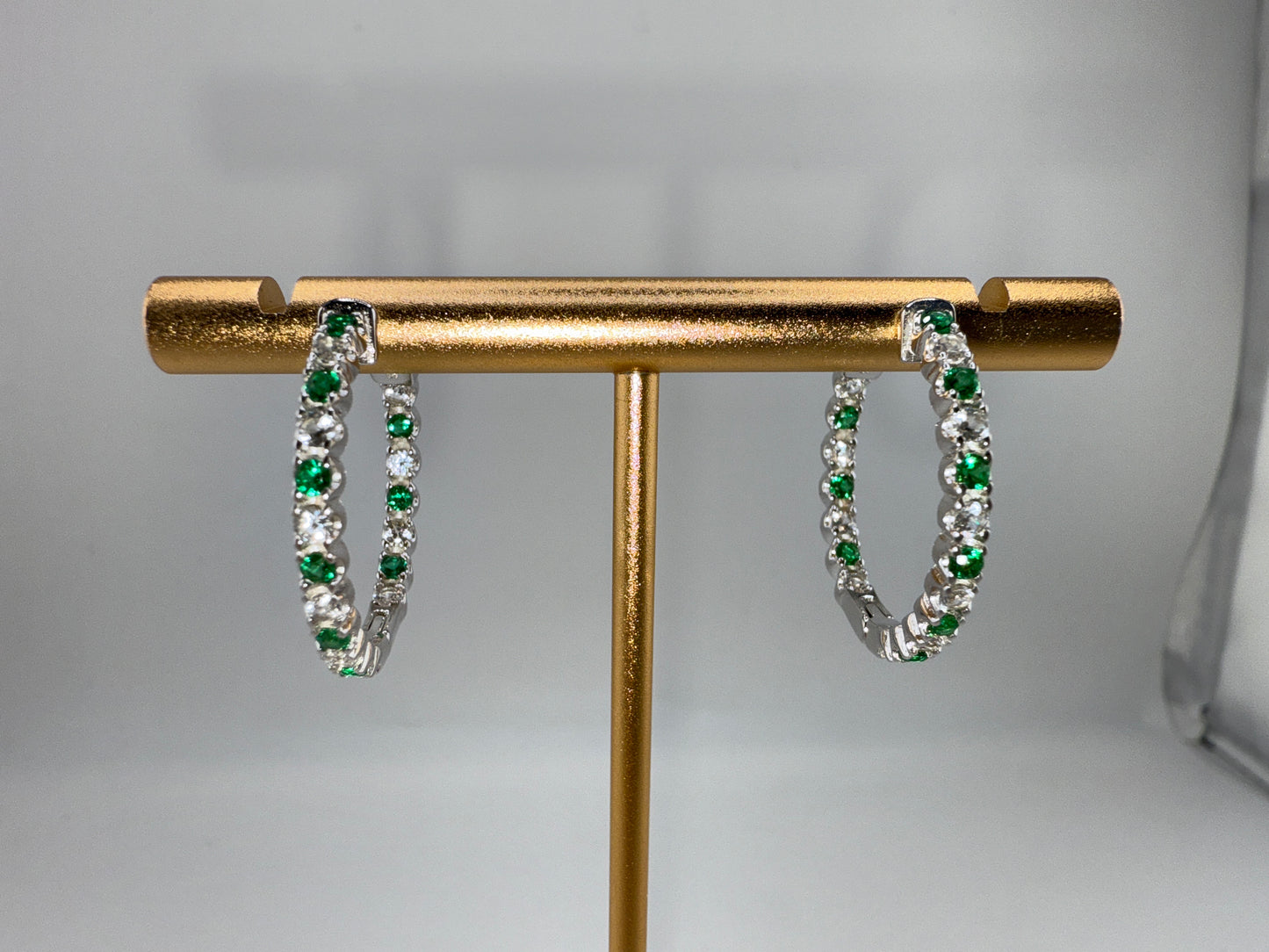 Sterling Silver 3x25mm Hoop Earrings - Created Emerald and White Sapphire