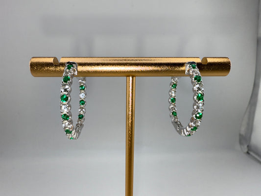 Sterling Silver 3x25mm Hoop Earrings - Created Emerald and White Sapphire