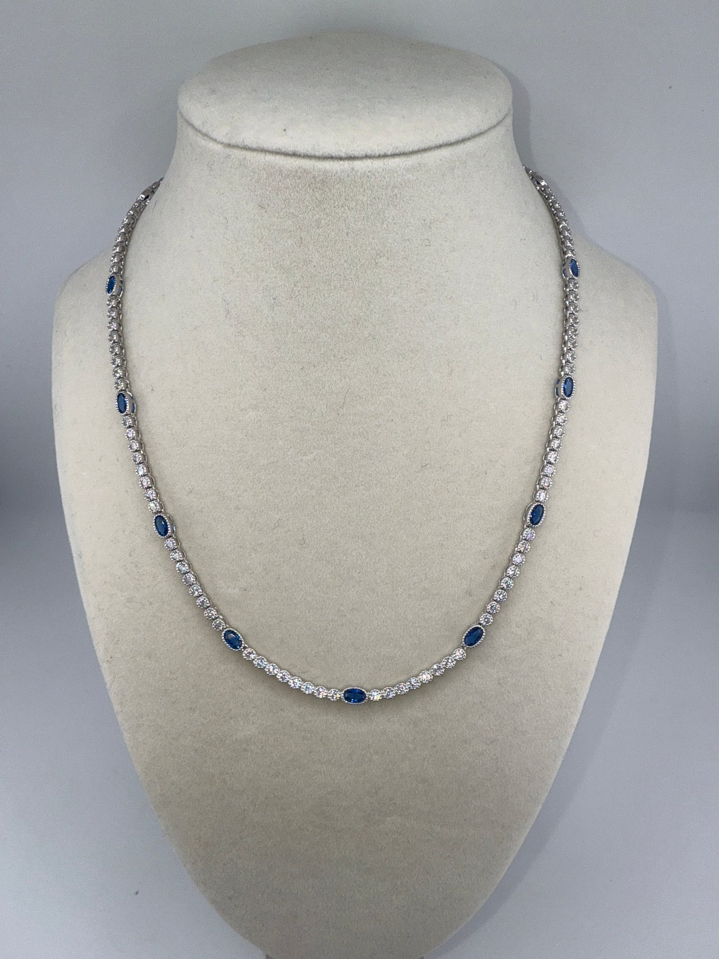 Sterling Silver Beaded Outline Oval & Round Zirconia Tennis Necklace - Sapphire