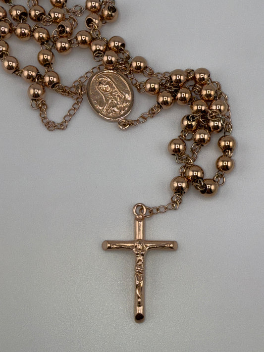 Stainless Steel Polished Rose IP-plated 30 inch Rosary Necklace