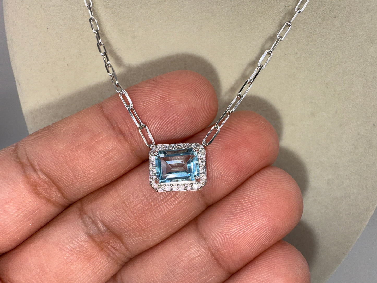 Sterling Silver Rectangle 6x8 Blue Topaz, White Topaz Border, Paperclip Necklace
