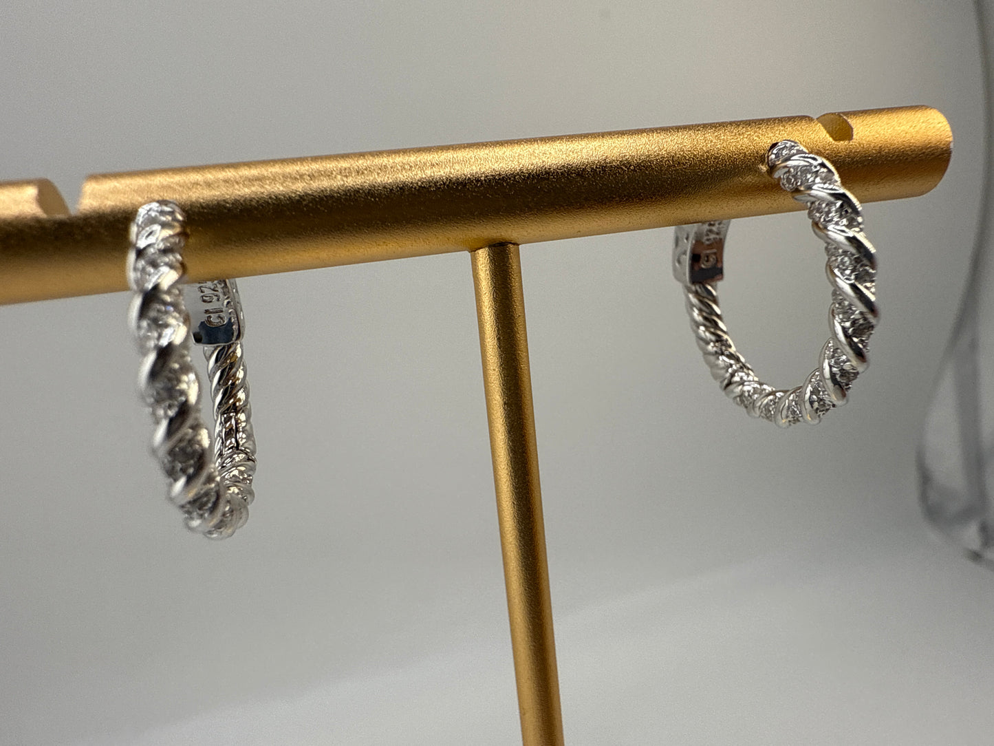 Sterling Silver, 19mm Rope Design Zirconia Hoop Earrings