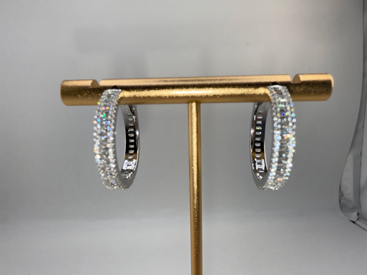 Sterling Silver Baguette Zirconia 25mm Hoop Earrings