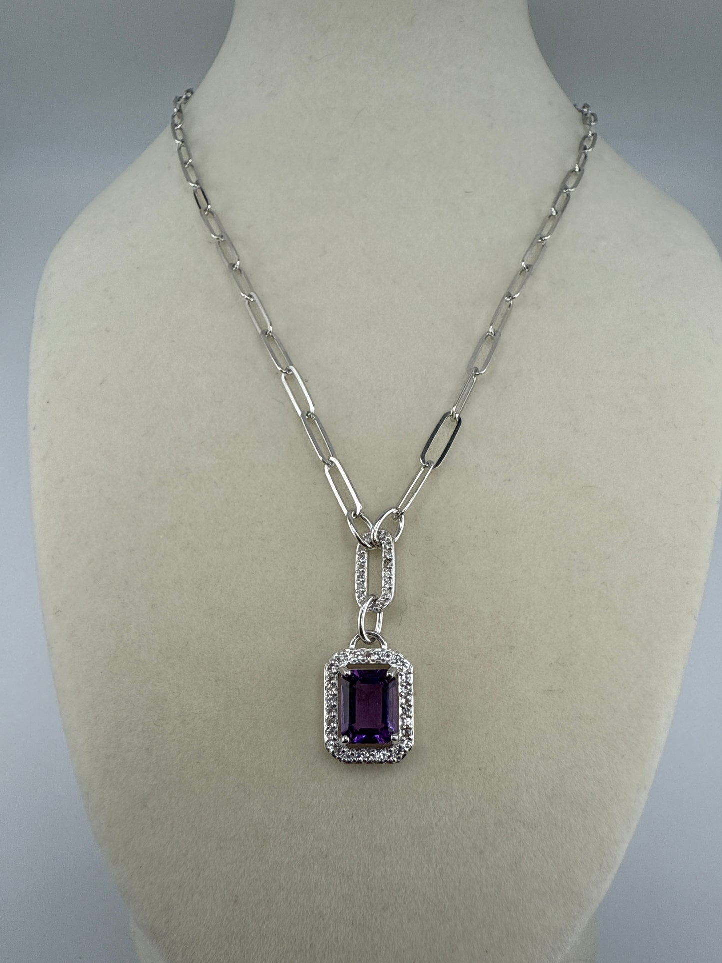 Sterling Silver Emerald-Cut 7x9 Amethyst, White Topaz Border, Paperclip Necklace
