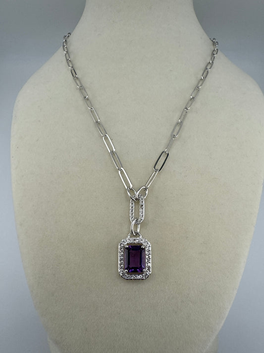 Sterling Silver Emerald-Cut 7x9 Amethyst, White Topaz Border, Paperclip Necklace