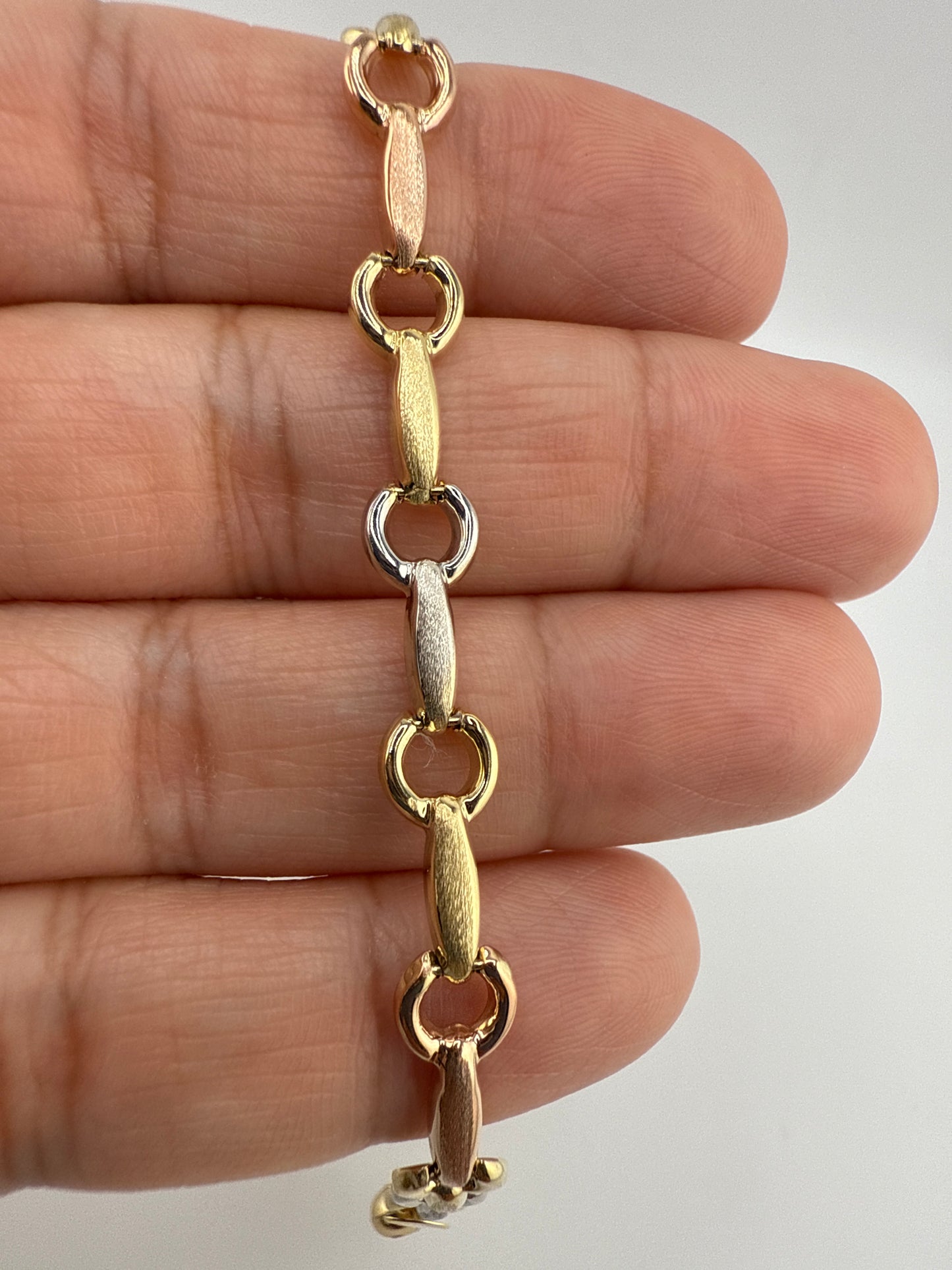 14k gold tri-color open link bracelet | rose gold, yellow gold, white gold | 7 inches