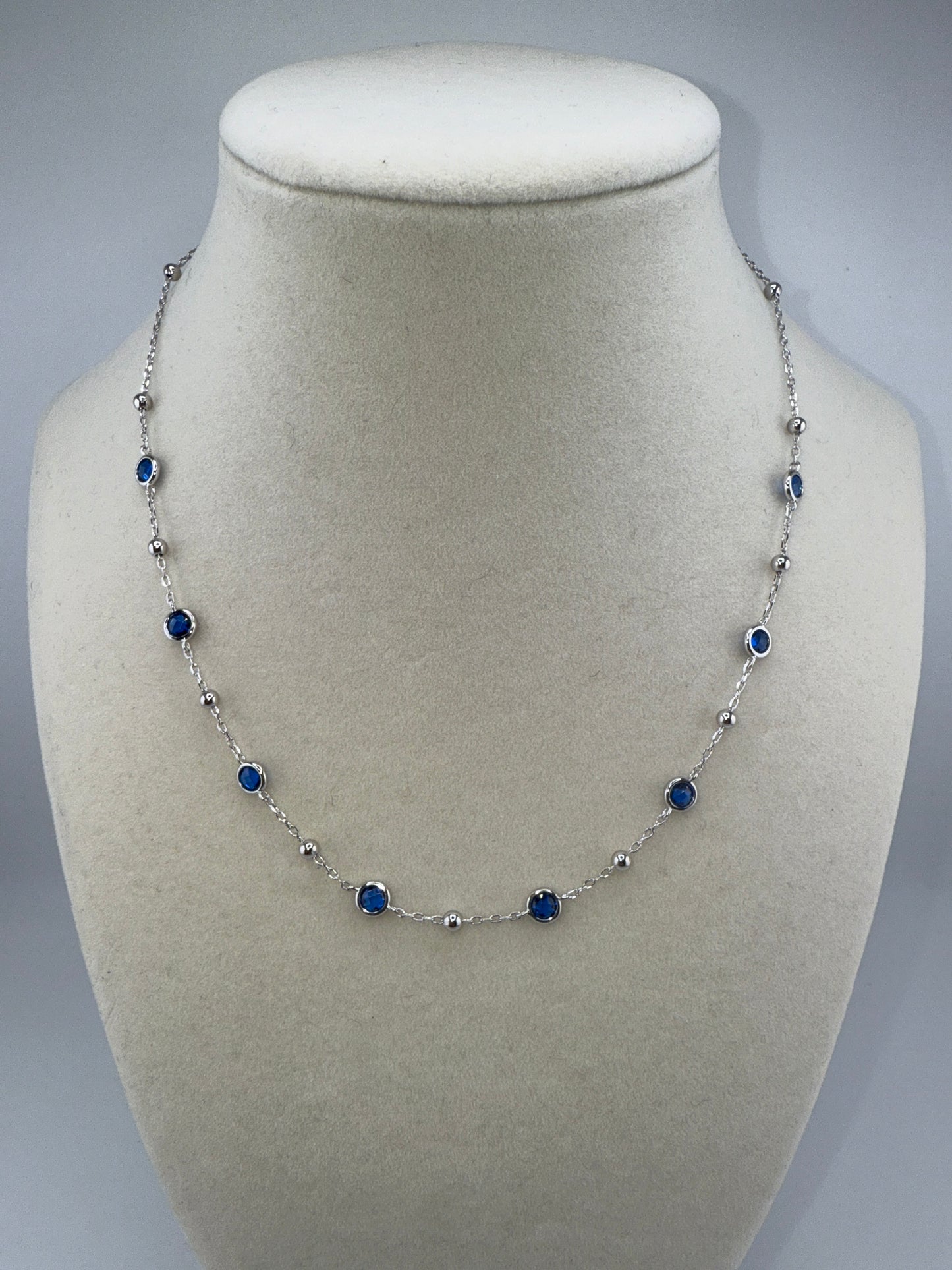 Sterling Silver Bezel-Set Zirconia & Bead Station Necklace - Sapphire, 16 inches