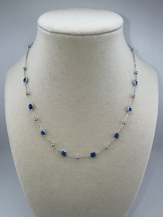 Sterling Silver Bezel-Set Zirconia & Bead Station Necklace - Sapphire, 16 inches