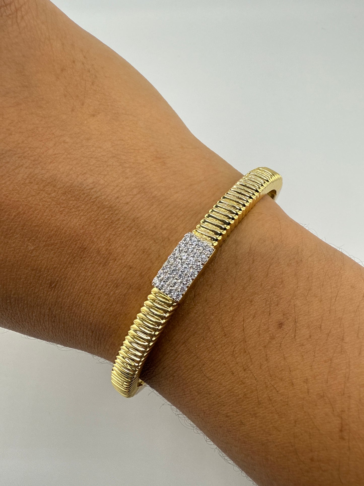 Sterling Silver, Rectangle Pave Zirconia, Lined Bangle - Gold Plated