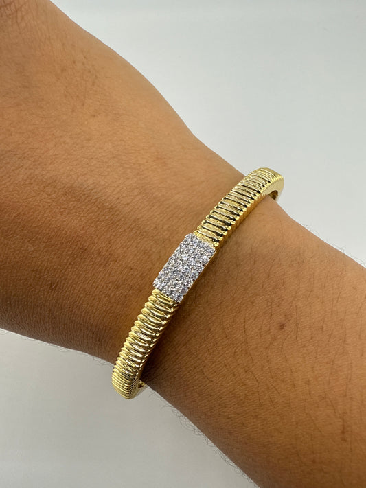 Sterling Silver, Rectangle Pave Zirconia, Lined Bangle - Gold Plated