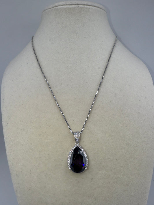 Sterling Silver Zirconia and Pear-shaped Amethyst Swarovski Element Halo Necklace with Box Chain