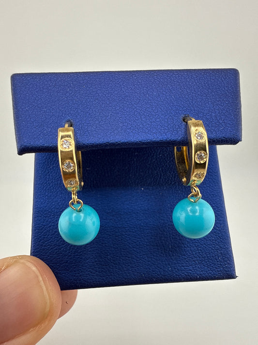 14k Gold and Zirconia Huggies with baby blue details