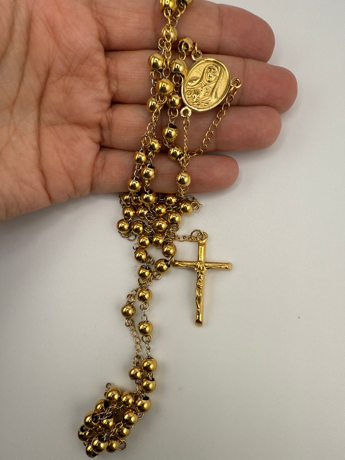 Stainless Steel Polished Yellow IP-Plated Beaded Rosary Necklace and Pendant