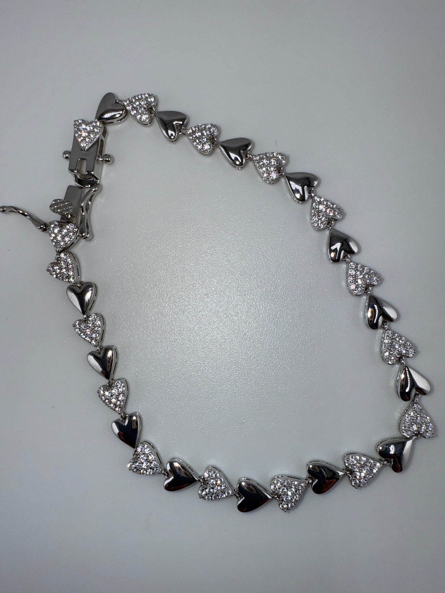 Sterling Silver Alternating Polished & Micro Pave Zirconia Heart Bracelet